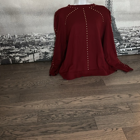 Macy’s Studded Embellished Puff Sleeve long sleeve Sweater burgundy Sz 1X - Picture 4 of 16